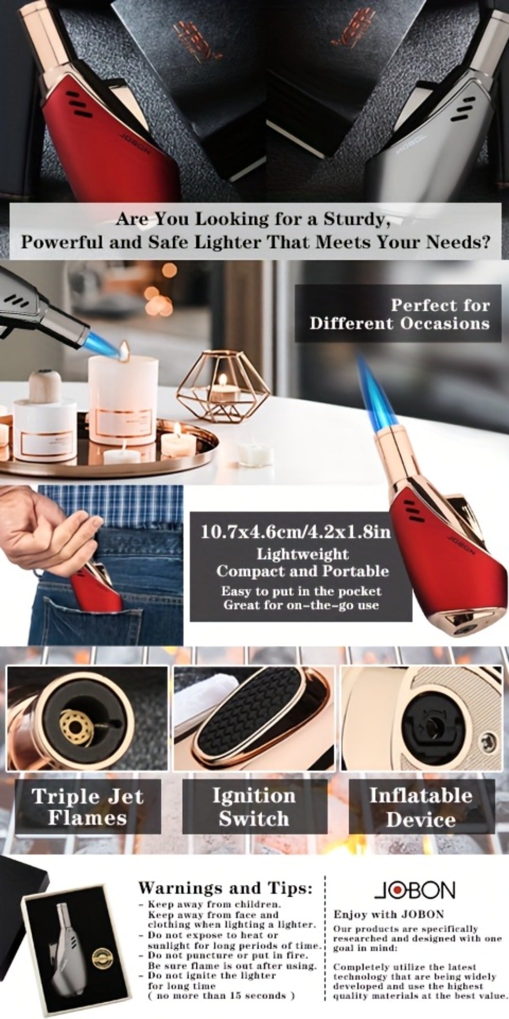 Torch Lighter Refillable Windproof Pocket Lighter with Punch Safety Lock High-Pressure Jet Flame Igniter for Cigar Candle Charcoal BBQ Cool Gift for Men Silver Gift Box