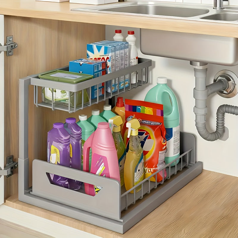 2-Tier Pull-Out Cabinet Organizer Metal Sliding Drawer, Kitchen Sink Storage Container for Bathroom Tabletop Study, Push-Pull Stackable Organizer for Kitchen Bathroom Cabinet