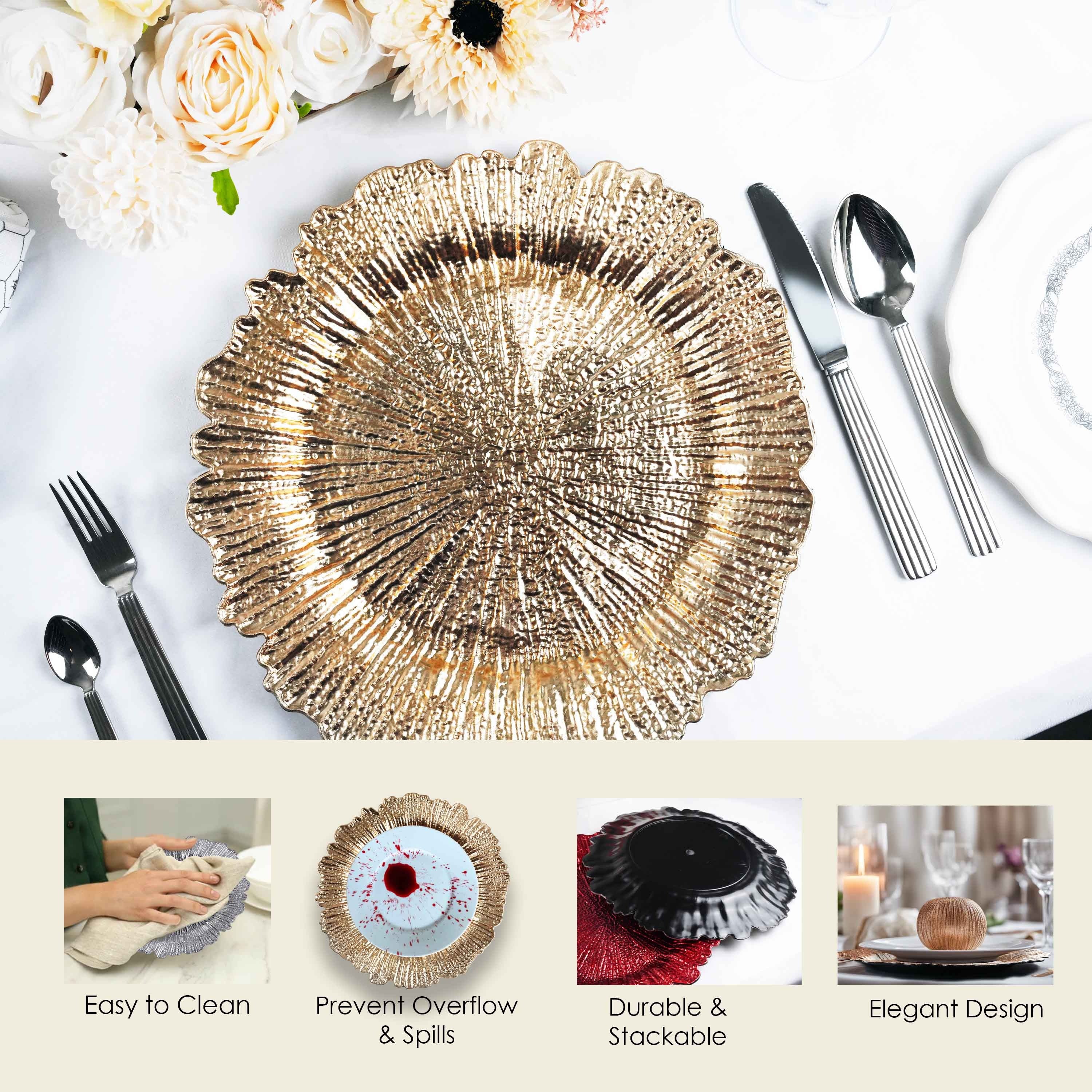 Charger Plates 13 Inch Set of 24 ¨C Floral Reef Design Decorative Dinner Plate Chargers for Wedding Table Setting Party Banquet Reception Decor Silver Rose Gold Red