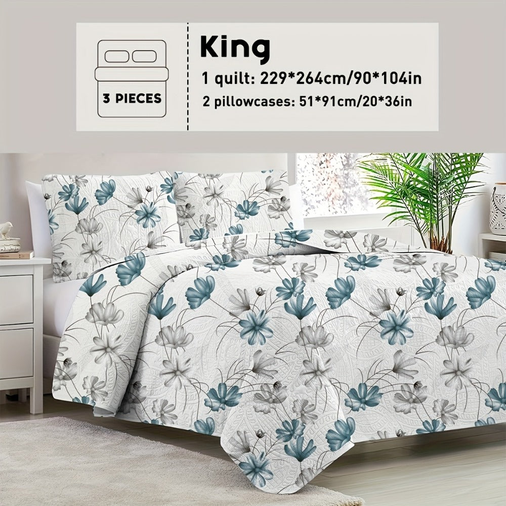 Reversible Floral Comforter Quilt Set ¨C Soft Microfiber Botanical Bedding, Twin Full Queen King, All Seasons ¨C White, Blue, Pink & More