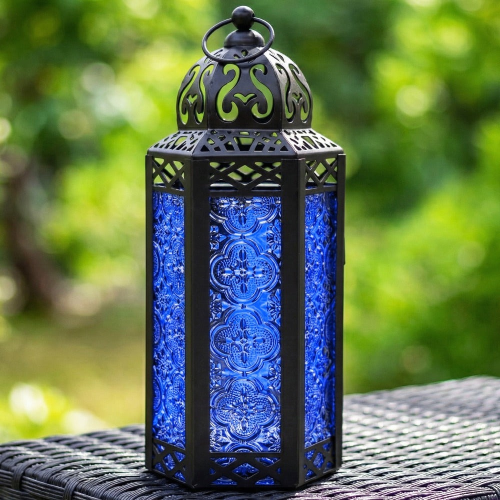 Moroccan Candle Lantern Holder - Decorative Metal & Glass Lantern with Embossed Floral Design for Indoor Home Decor, Garden, Patio, Weddings, Ramadan, Halloween & Holiday Celebrations - 10.5¡± Tall Medium Size