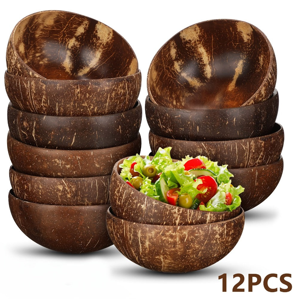 Coconut Shell Bowls Polished Handmade Natural Wooden Bowls for Smoothie, Acai, Fruit, Salad & Yogurt ¡ª Rustic Decorative Serving Bowls, Eco-Friendly Vegan Kitchen Gift | 3 or 12 Pack