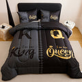 Comforter Set 3-Piece ¨C Soft Breathable Quilt with 2 Pillowcases, Black Grey Color Block Crown Letter Print, Twin Full Queen King, 180GSM Bedroom Bedding Set