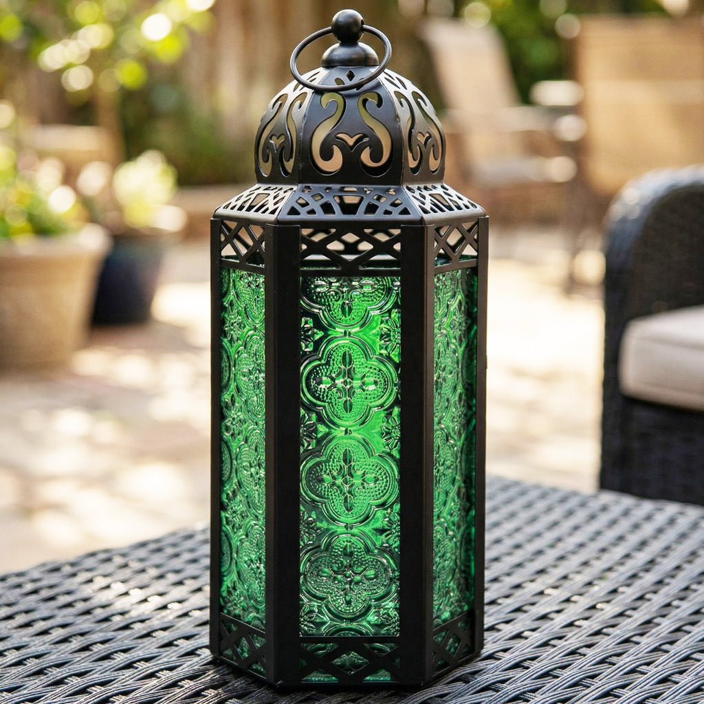 Moroccan Candle Lantern Holder - Decorative Metal & Glass Lantern with Embossed Floral Design for Indoor Home Decor, Garden, Patio, Weddings, Ramadan, Halloween & Holiday Celebrations - 10.5¡± Tall Medium Size
