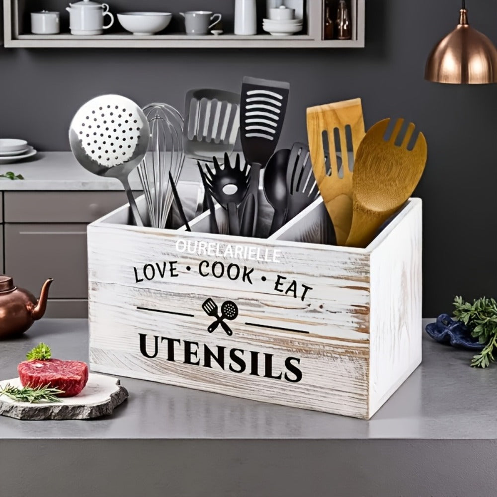 Wooden Cutlery Storage Box with Grid Compartments Chopstick Organizer Rack with Metal Accents for Kitchen Drawer Bedroom Desk Home Organization in Natural White Black