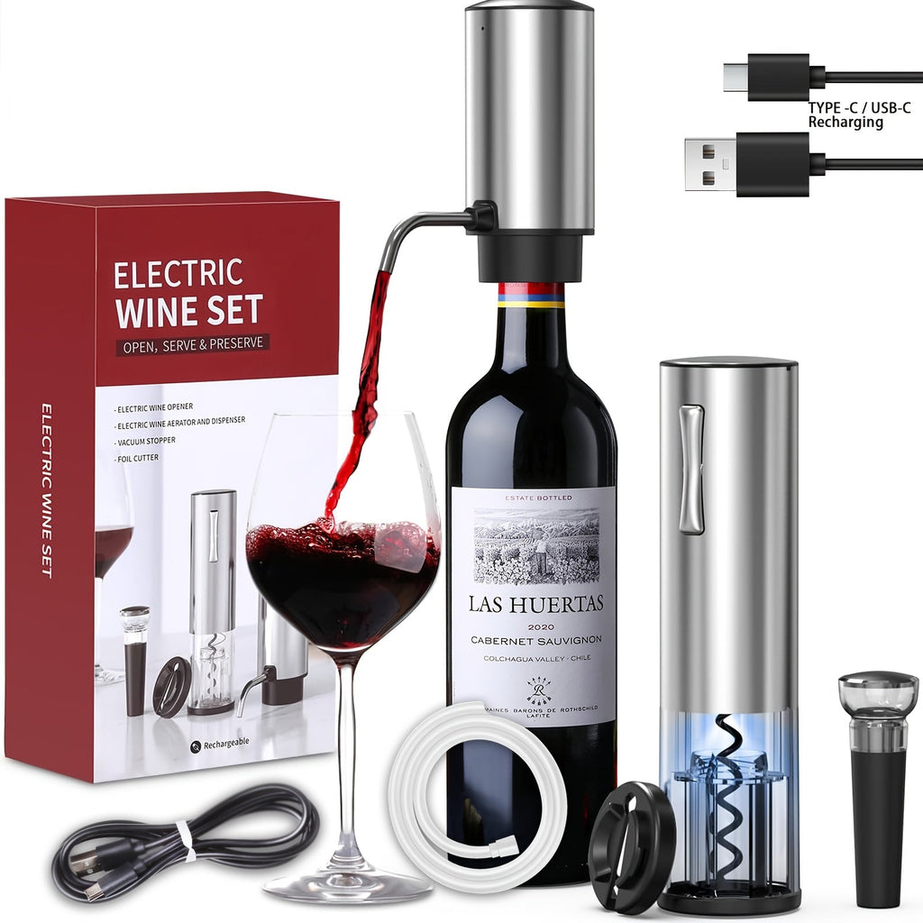Electric Wine Opener Set ¨C Rechargeable Automatic Corkscrew with Wine Aerator Dispenser, Vacuum Stopper & Foil Cutter for Any Occasion Gift