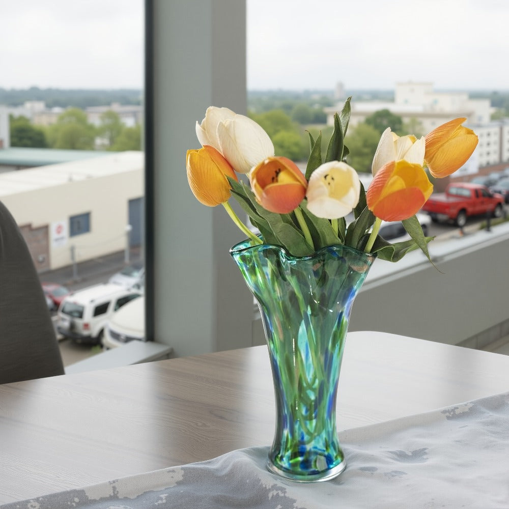 Hand Blown Glass Vase Colorful Wide Mouth, Teal Green Art Glass Flower Vase for Fresh Flowers & Spring Arrangements, Decorative Centerpiece for Bookshelf, Dining Table, Bedroom & Living Room