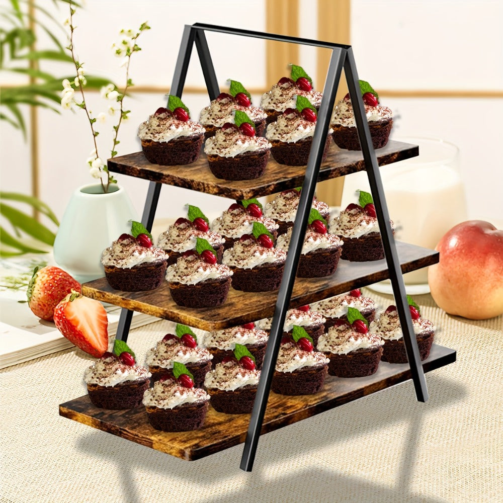3-Tier Wooden Cupcake Stand ¨C Holds 50 Cupcakes, Dessert Display Rack for Wedding, Birthday Party & Halloween, Rustic Wood Cake Stand in Black, White & Brown