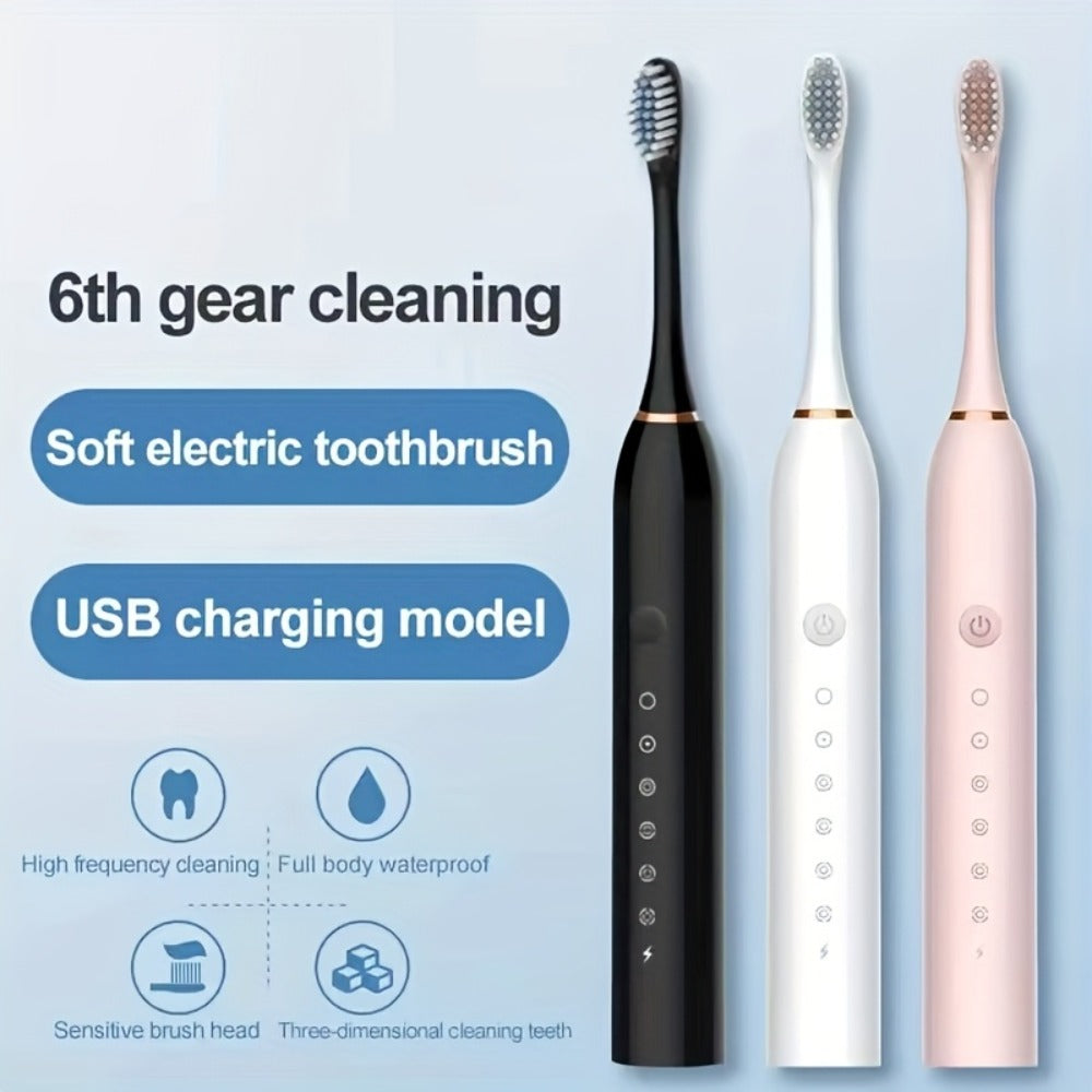 Rechargeable Electric Toothbrush with 6 Cleaning Modes & Smart Timer ¨C USB Sonic Toothbrush for Adults, Replacement Heads Included, 3 Colors, Whitens Teeth & Protects Gums, Great Family Gift