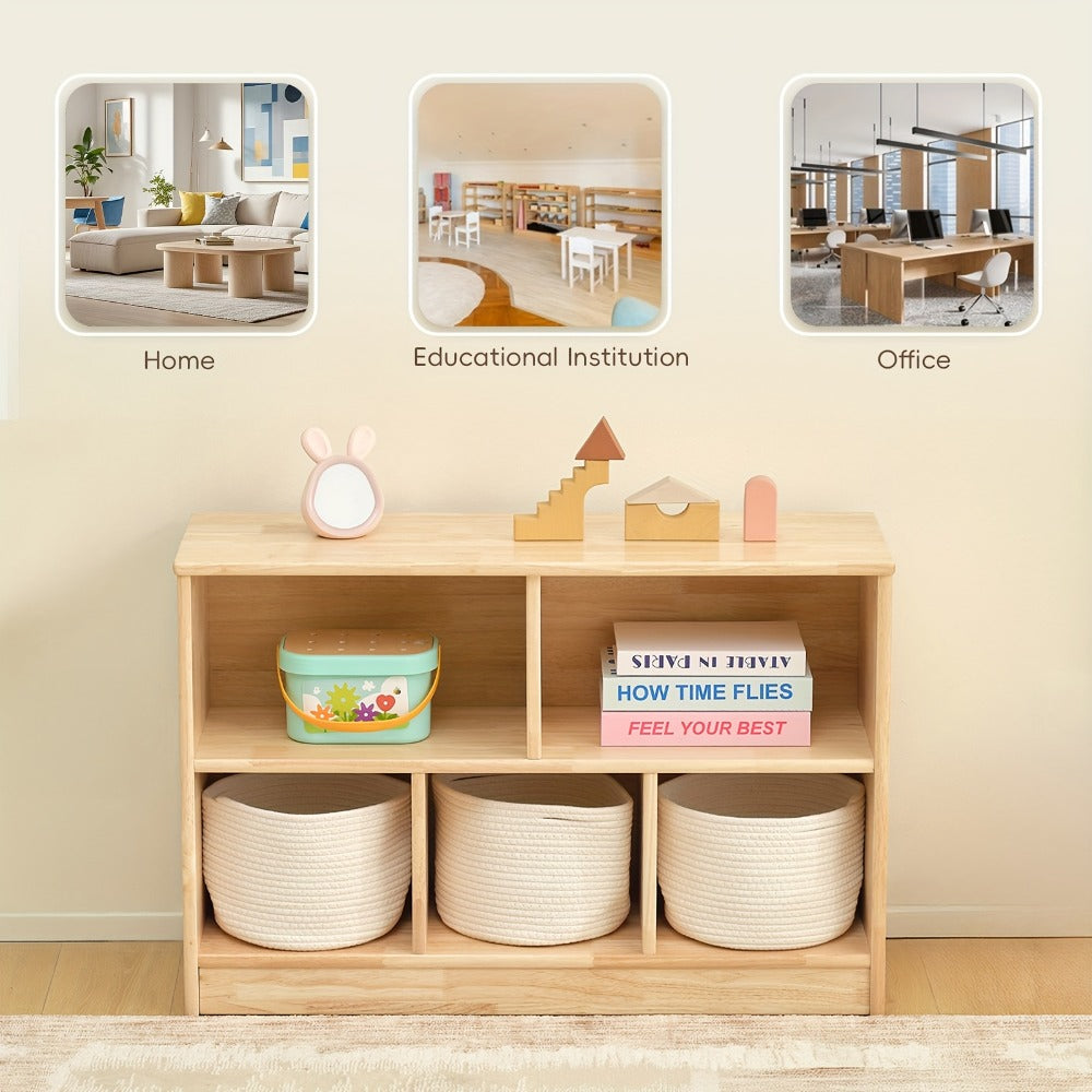 Rubber Wood 5-Compartment Bookshelf 35.4¡± ¨C 2-Tier Wooden Storage Cabinet for Classroom, Playroom & Preschool | Kids Book Organizer Shelf for Daycare, Bedroom & Living Room | 5-Section Display Rack