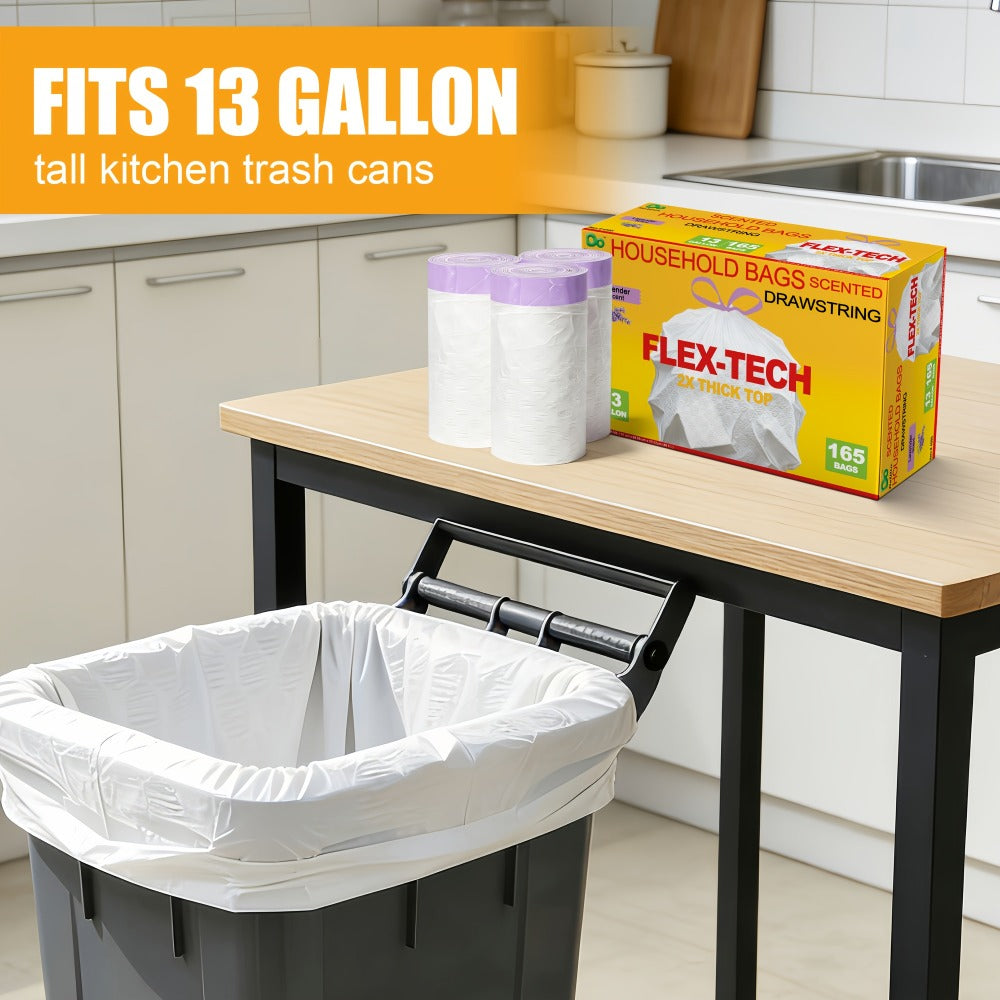 13 Gallon Trash Bags Drawstring Expandable Puncture Tear Resistant Leak-Proof Deodorizing Fresh Lemon Scent Super Durable Kitchen Garbage Bags for Kitchen Garden Large Trash Bins White 20 55 110 165 Count