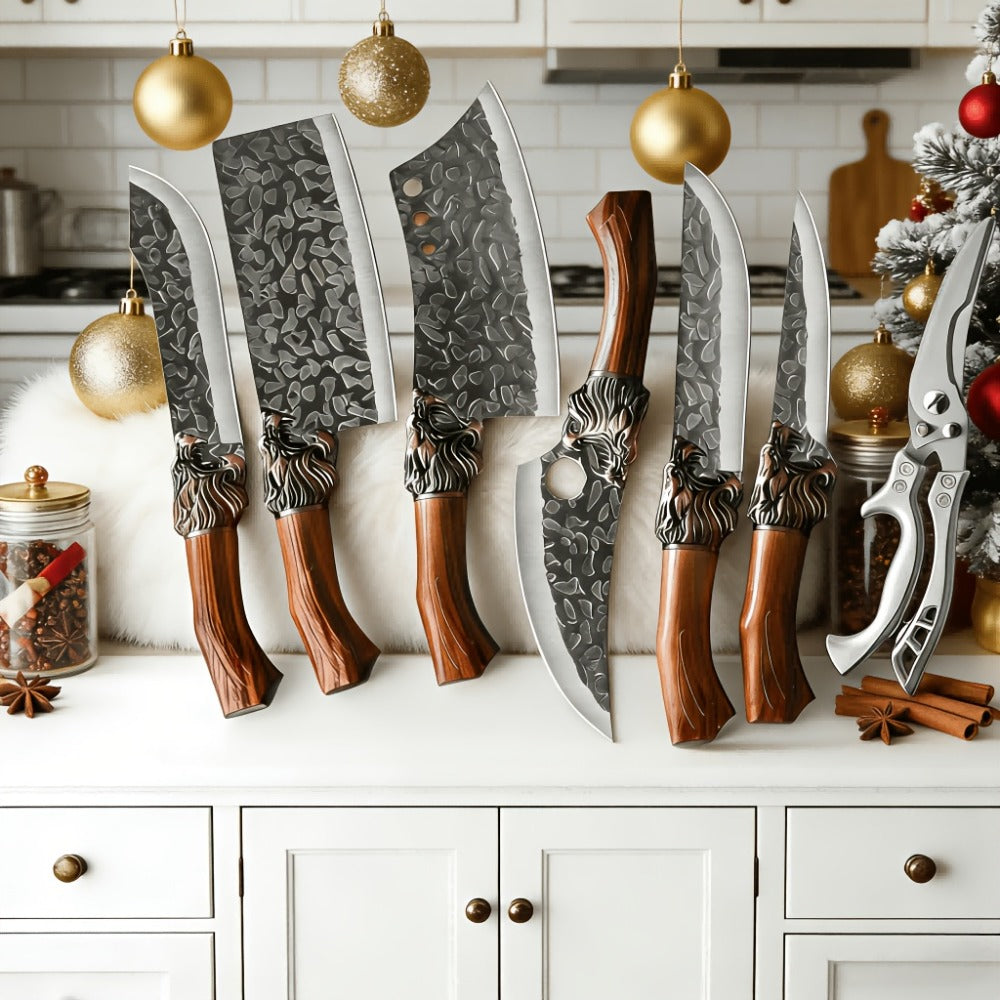 Kitchen Knife Set 7 Piece Professional Stainless Steel - Ultra Sharp Chef Knives with Boning, Slicing, Carving, Fish, Butcher Knife & Scissors for Meat