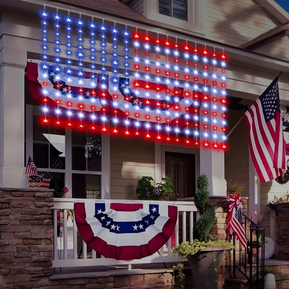 American Flag LED Curtain Lights 242 LEDs USB Powered, 4th of July Patriotic Decorations for Home Porch Garden Courtyard, Independence Day National Holiday Indoor Decor for Mall, Store, Coffee Shop Display