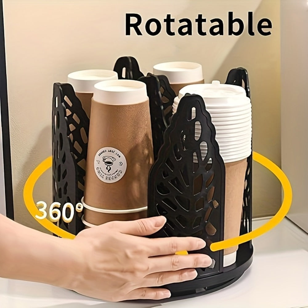 Rotating Paper Cup Holder with 4 Compartments - Disposable Coffee Cup Dispenser Organizer Detachable Lid Storage Box for Countertop Kitchen Coffee Station Bathroom | White Black