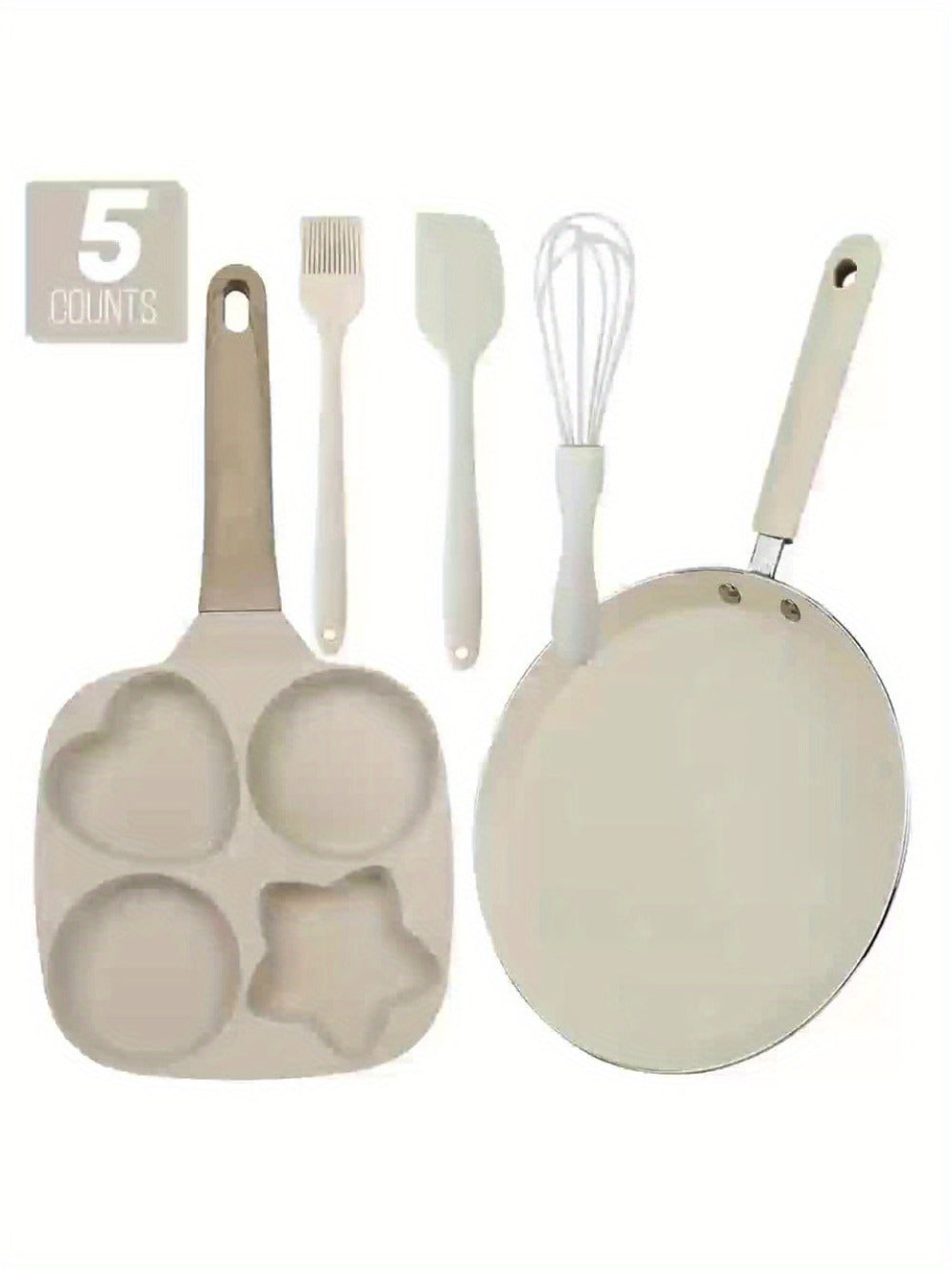Non-Stick Cookware Set 5-Piece Beige ¨C Pumice Stone Coating Egg Frying Pan Pancake Skillet with Kitchen Utensils | Aluminum Induction Compatible Home Cooking Set for Eggs Pancakes & Breakfast