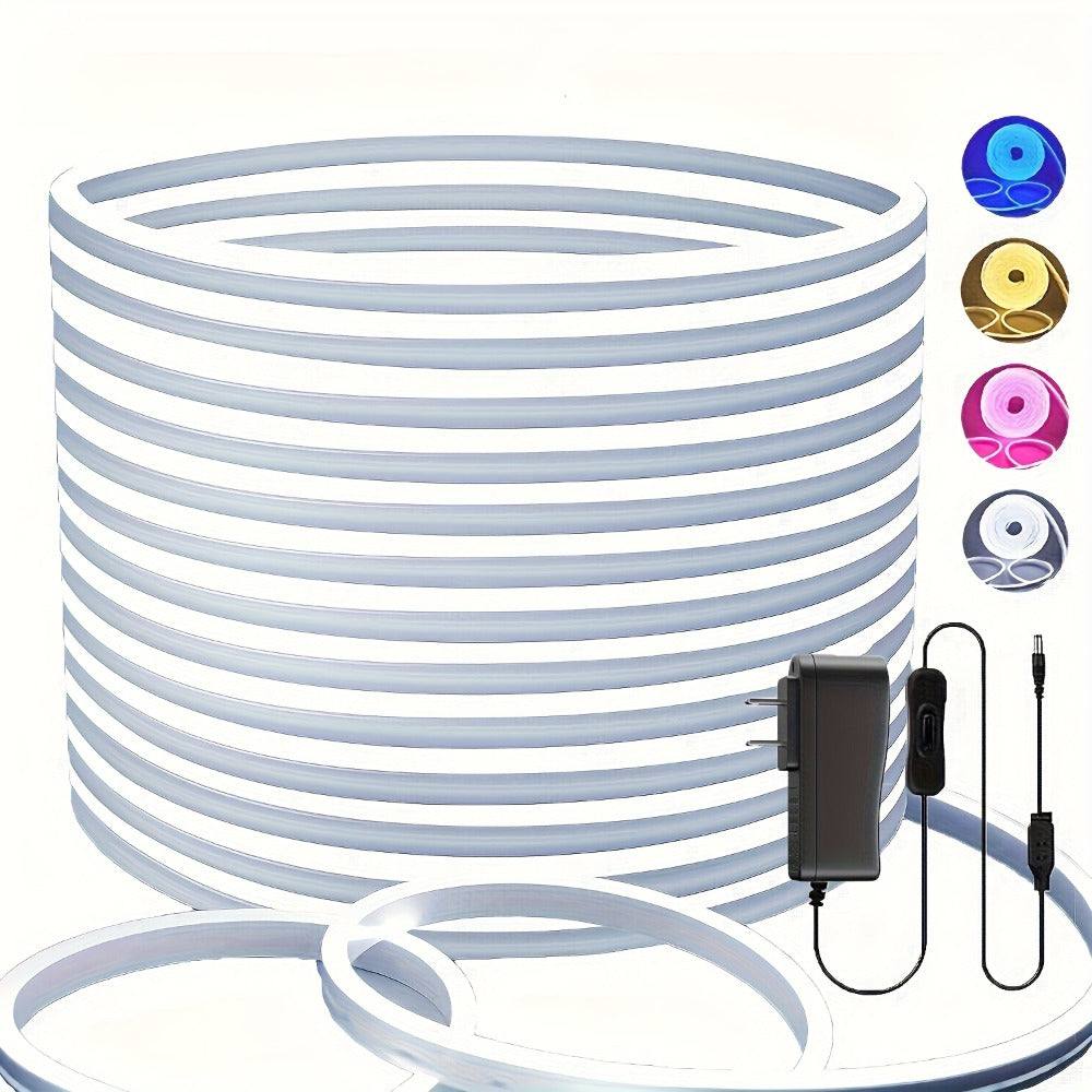 LED Neon Light Strip 32.8ft 10m 1200 LEDs Super Bright, IP65 Waterproof 24V Flexible Neon Strip with Power Adapter & Mounting Clips, White Pink Warm White Ice Blue, Bedroom Kitchen Outdoor Christmas Halloween Decor
