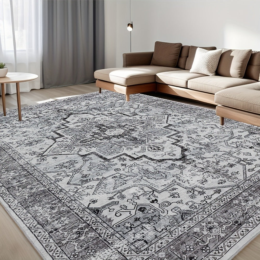 Bohemian Area Rug Ultra-Soft Non-Slip Washable Retro Foldable Carpet for Living Room Bedroom in Beige and Grey Multiple Sizes