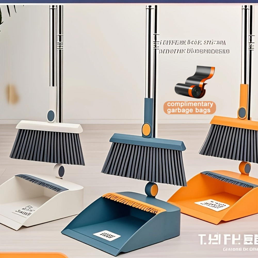 3-in-1 Magnetic Broom Dustpan and Garbage Bag Set Rotatable Foldable Soft Bristle Non-Stick Pet Hair Broom for Hard Floors Space Saving Living Room Bedroom Bathroom Outdoor White Orange