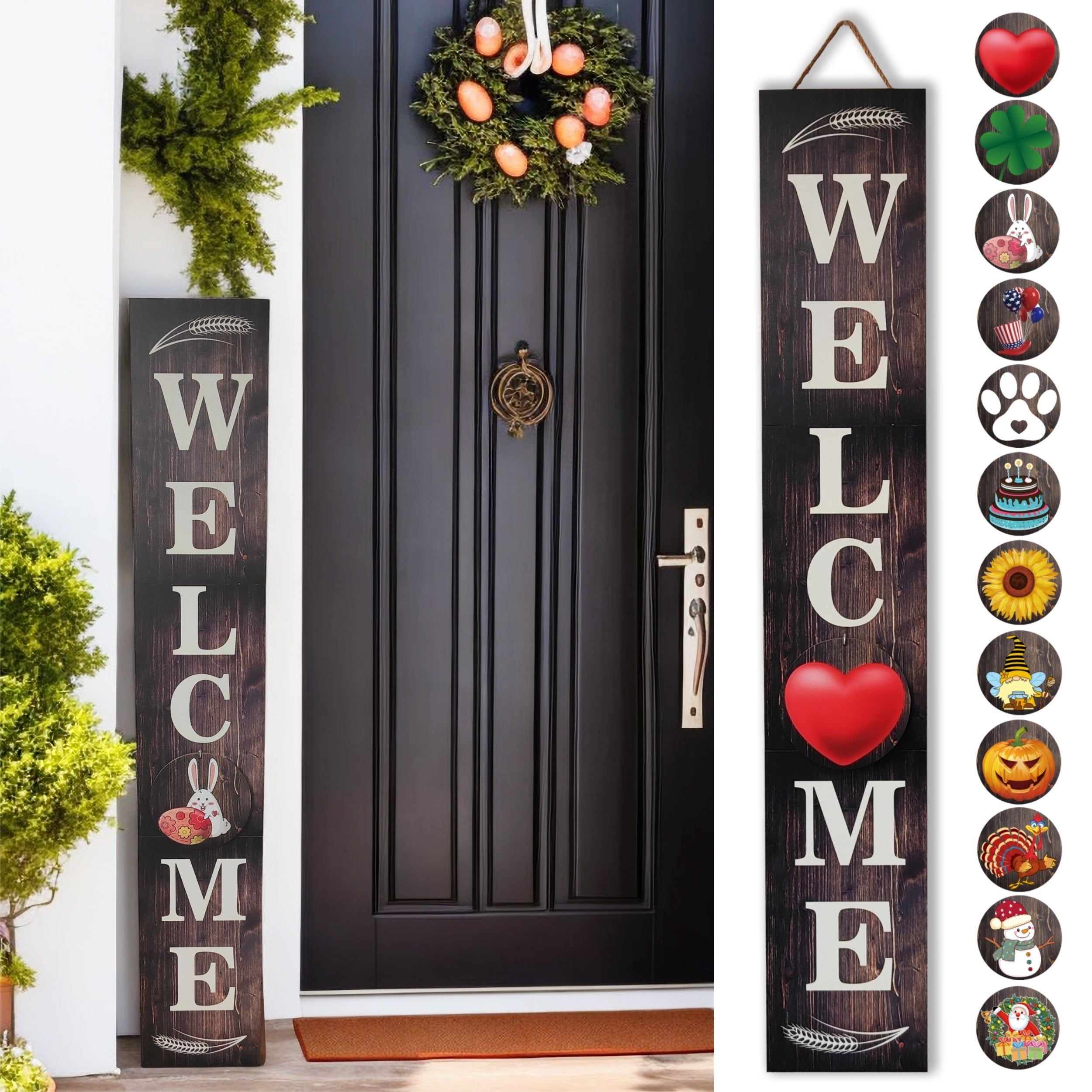 Porch Sign with 12 Interchangeable Seasonal Icons 47 Inch Tall - Welcome Sign for Front Door, Wind Resistant Leaner Board for Patio Yard Farmhouse Entryway, 4th of July Independence Day Decor