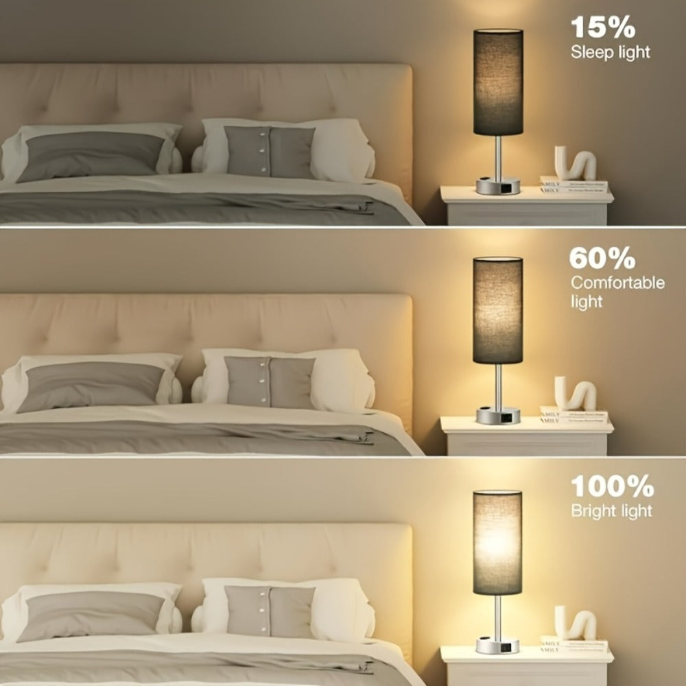 Bedside Table Lamp with USB-C Charging Port ¨C 3-Way Dimmable Touch Lamp, Wood Base Round Burlap Shade, Small Nightstand Desk Light with AC Outlet & A19 LED Bulb Included for Bedroom Living Room Office