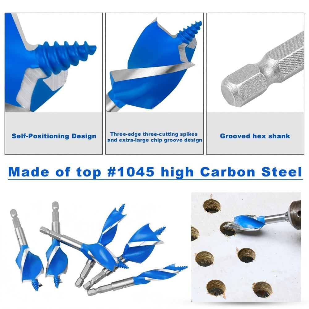 Drill Bit Set 6PCS Hex Shank Quick Change - Metal Hexagonal Handle with 4 Slots & 4 Blades, Multi-Purpose Wood & Metal Drill Bits for Door Locks Drawers Hole Drilling Woodworking DIY Projects