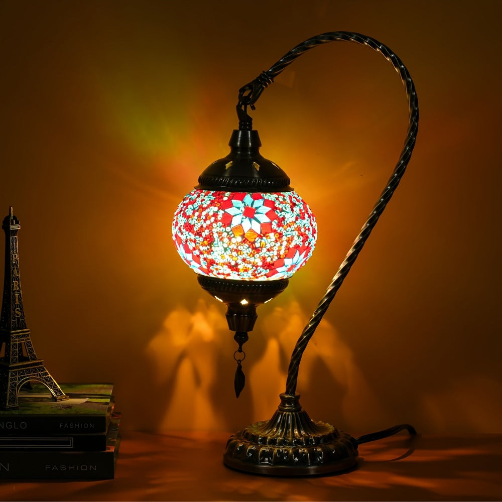 Mosaic Table Lamp Turkish Moroccan Style Handmade Swan Neck Glass Bedside Lamp 3 Color Modes LED Bulb Included Metal Base for Bedroom Living Room