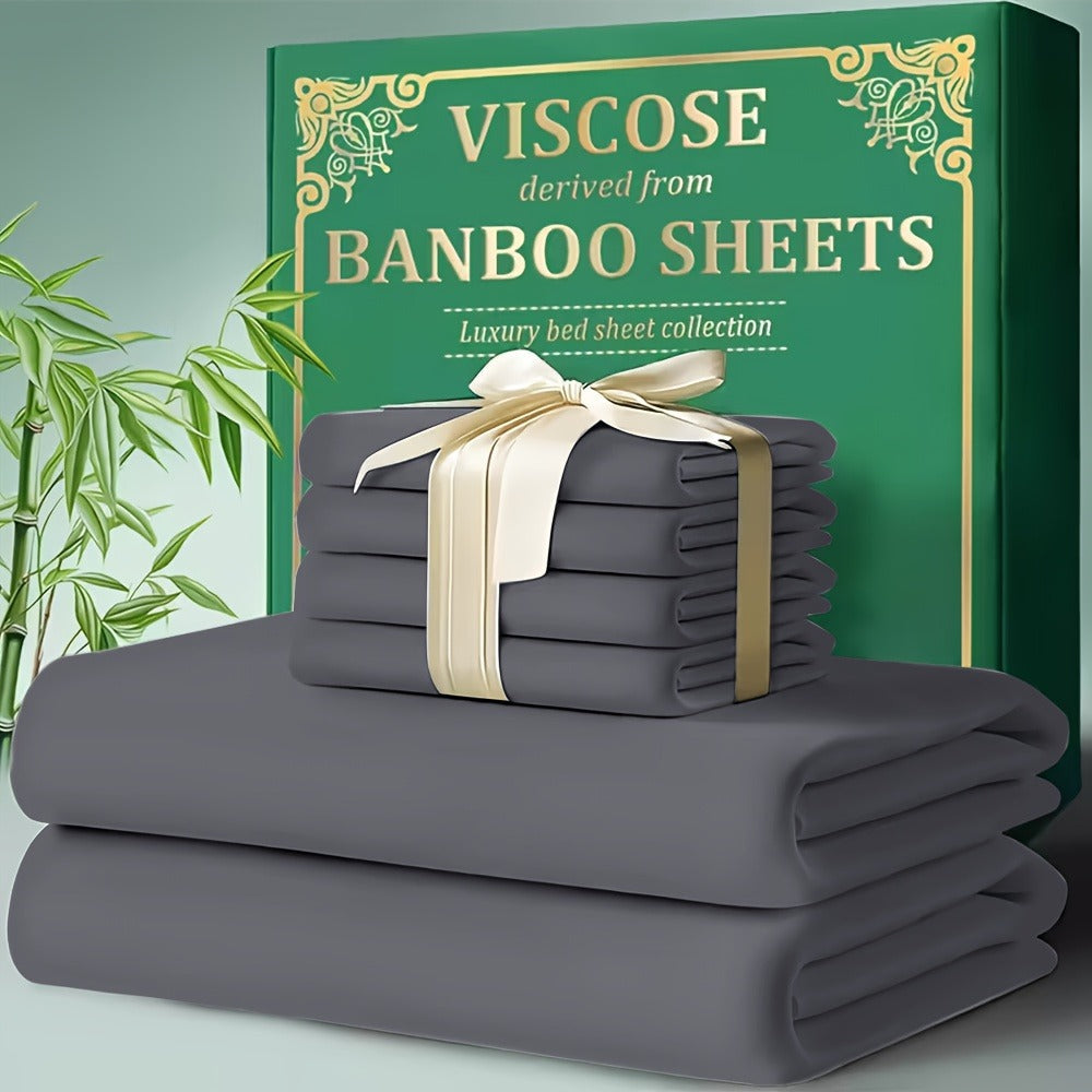 Bamboo Cooling Bed Sheet Set 4pcs - Ultra Soft Breathable Deep Pocket Fitted Sheets, 2200TC Cooling Fabric, Shrink & Wrinkle Resistant, All-Season Bedding
