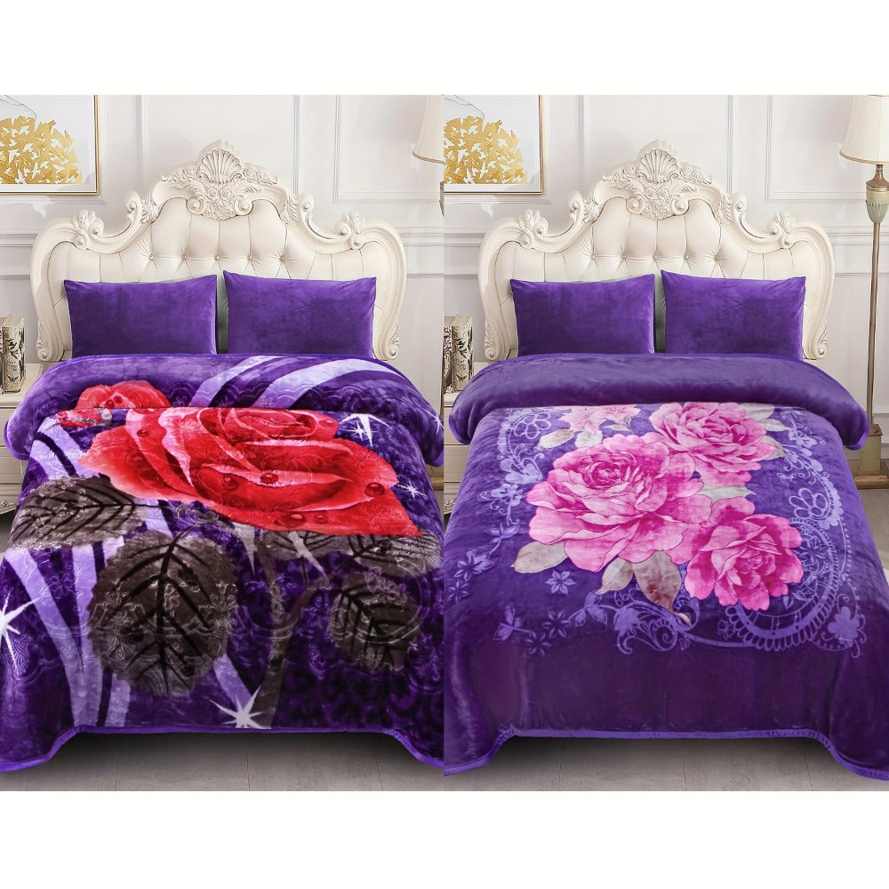 Reversible Plush Blanket 2-Ply 520GSM Milk Velvet - Soft Warm Queen King Size Blanket with Vibrant Animal & Floral Designs, All-Season Bed Couch Throw