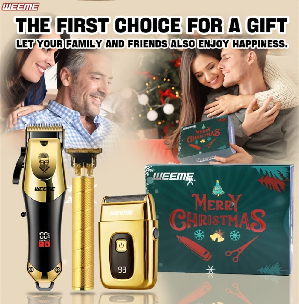Professional Hair Clipper Set for Men ¨C 3pcs Golden Cordless Kit with Beard Trimmer & T-Blade Trimmer, Hair Cutting & Styling Tools, Ideal Birthday & Father¡¯s Day Gift for Men