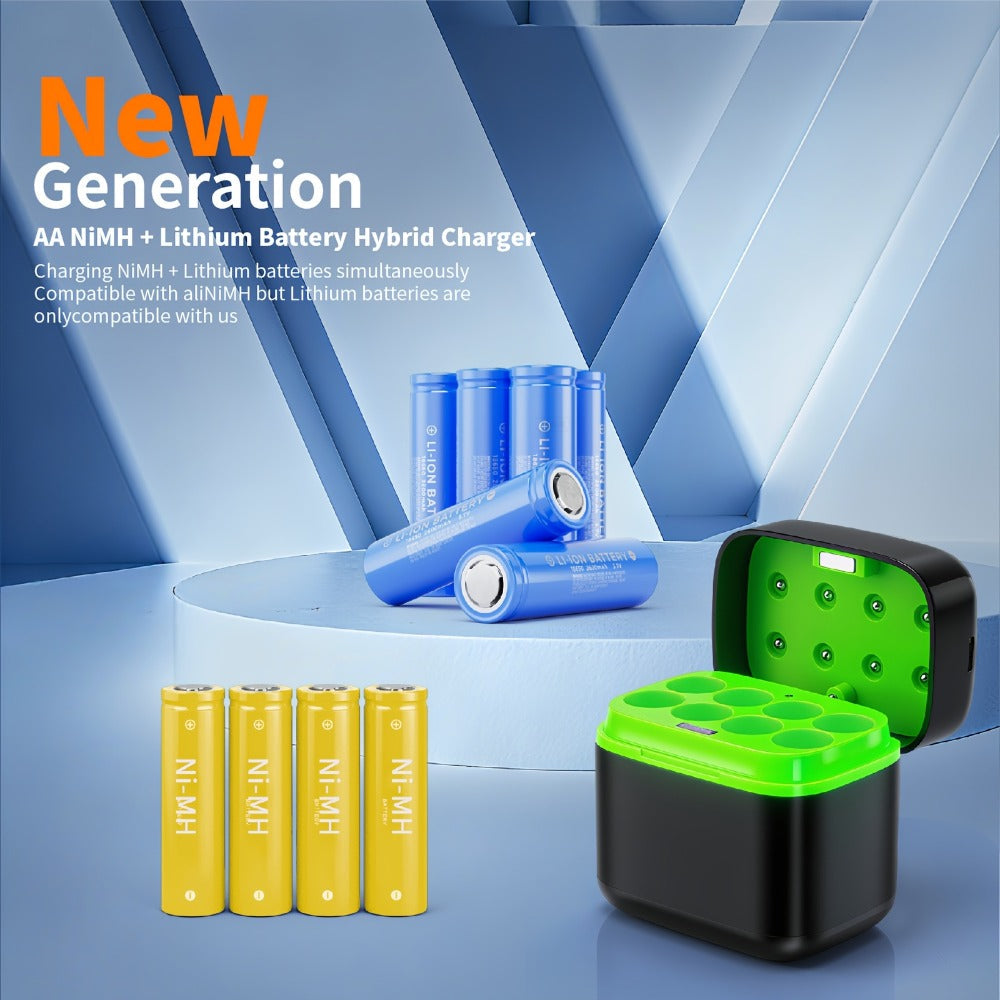 AA AAA Battery Charger Smart Hybrid Charger for NiMH and Li-ion Rechargeable Batteries with Integrated Storage Box Compatible with AA AAA Batteries Battery Not Included