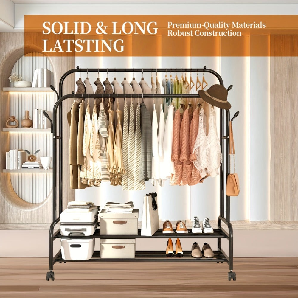 Heavy Duty Metal Clothing Rack Double Rod with Wheels Shelves and Hooks Freestanding Garment Rack 300LB Capacity Closet Organizer for Bedroom Laundry Room