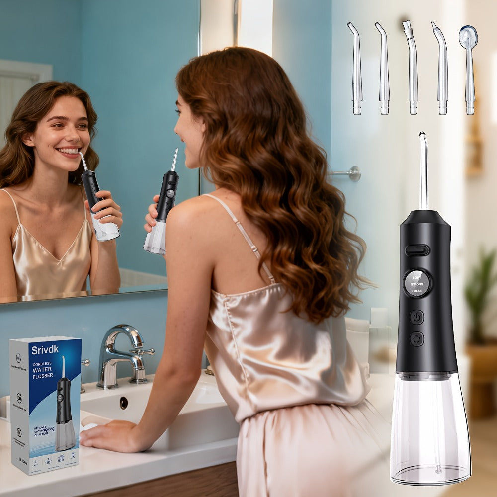Water Flosser Cordless Oral Irrigator - Rechargeable Electric Dental Cleaner with 6 Interchangeable Nozzles, Adjustable Pressure Control, Plaque & Tartar Removal, USB Powered, Portable for Home & Travel Use