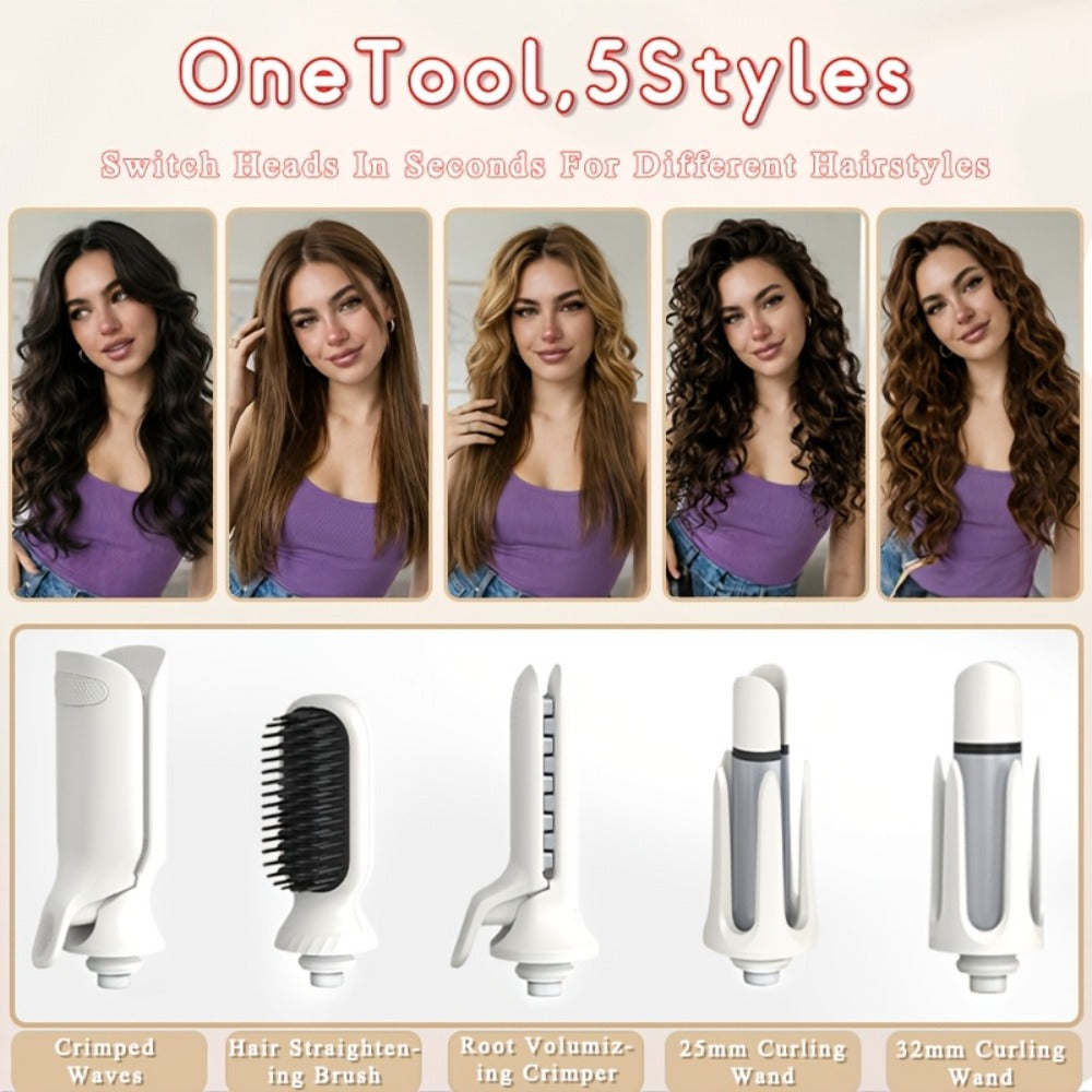 5-in-1 Hair Styler Set with Interchangeable Curling Wand & Straightening Brush - Multi Barrel Curling Iron Kit for Waves, Curls & Volume, Works on All Hair Types, Salon Results at Home, 3 Colors