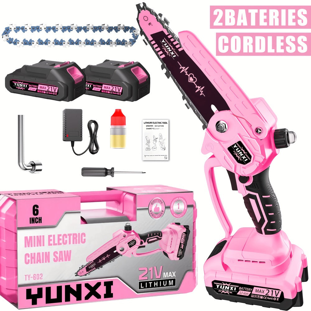Mini Chainsaw 6 Inch 21V Cordless Battery Powered | Handheld Electric Chain Saw for Tree Branch Trimming Wood Cutting | Lightweight Portable Pruning Saw Pink