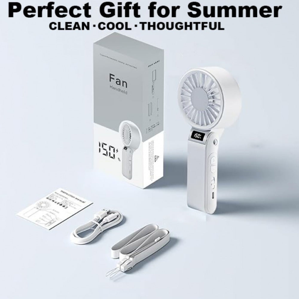 Handheld Fan USB-C Rechargeable 150-Speed Stepless Adjustable Turbo Fan LED Display Foldable Wearable Neck Desk Fan for Outdoor Travel Office Camping Black White Yellow