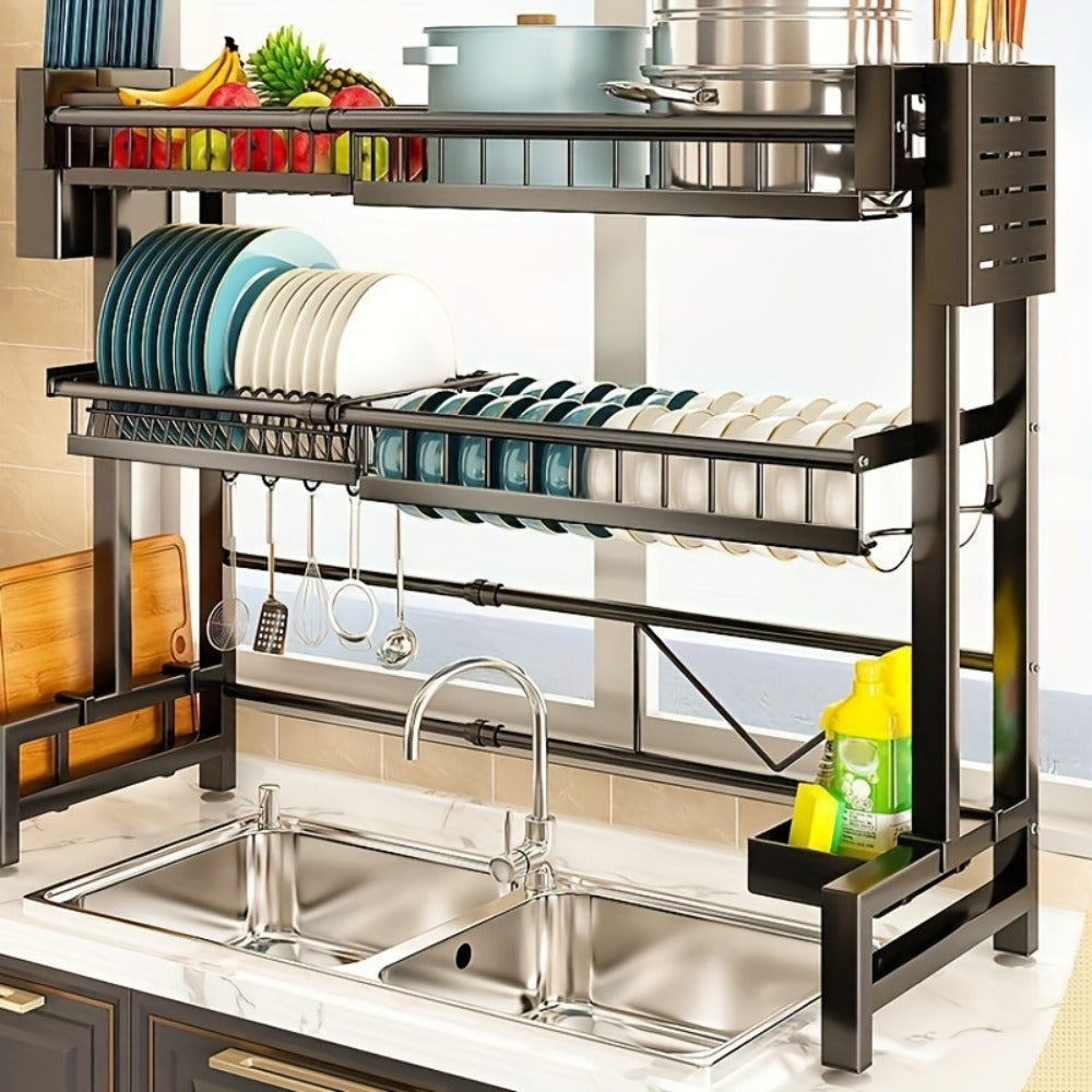 Dish Drying Rack Expandable Kitchen Sink Organizer - Countertop Dish Drainer with Drainage, Single or Double Layer Black Kitchen Storage Shelf for Plates, Cups & Utensils