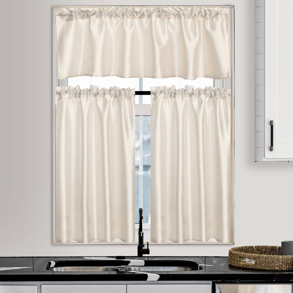 Kitchen Curtains 3 Panels Faux Silk Sheer Tier and Valance Set Rod Pocket 2 Tiers 26x36 inch + Valance 52x14 inch for Kitchen Bathroom Window Drapes