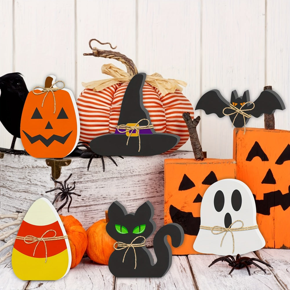 Halloween Wooden Decorations Set of 6 ¨C Freestanding Rustic Table Signs with Pumpkin, Ghost, Bat, Black Cat, Witch Hat & Candy Corn, Farmhouse Tiered Tray & Mantle Decor