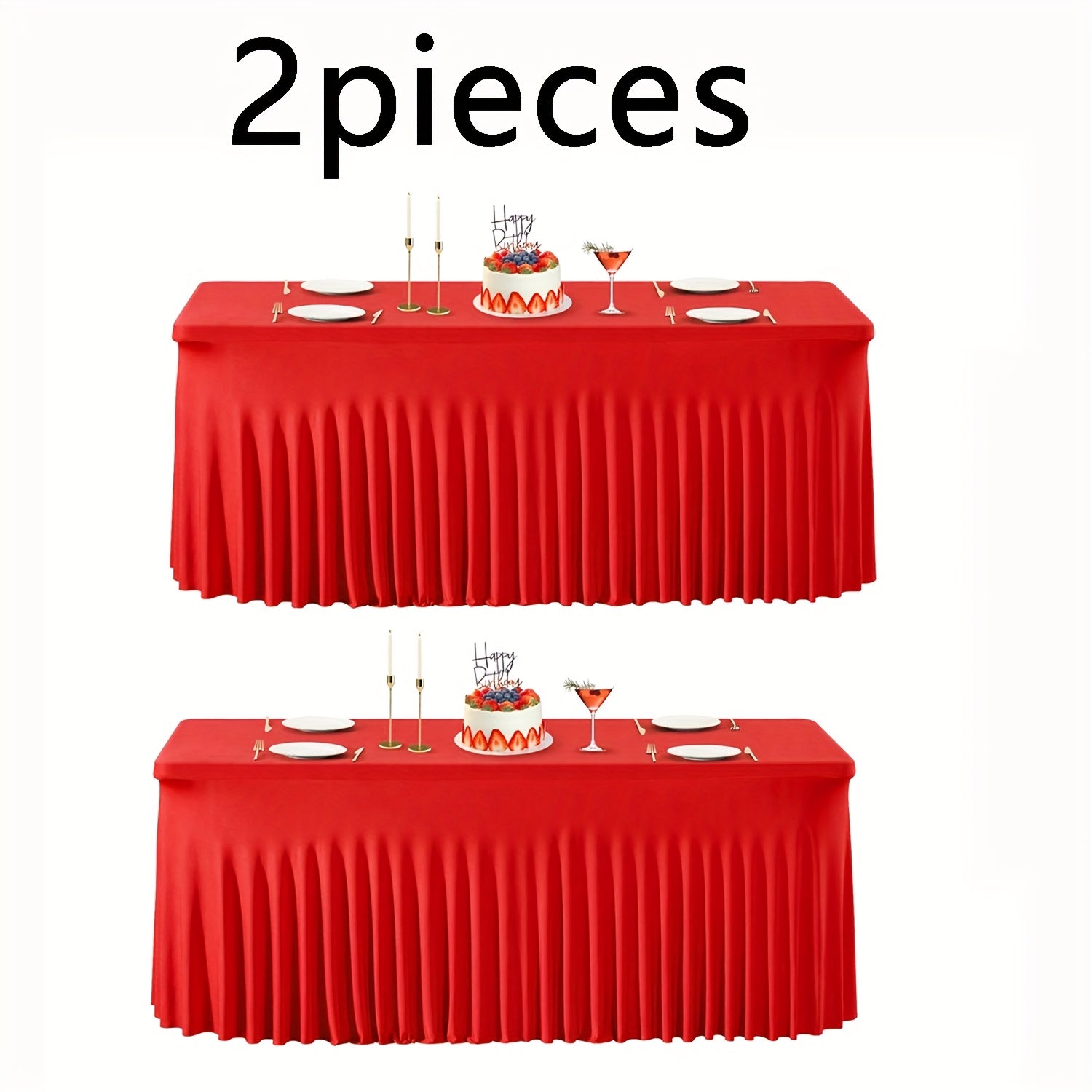 Spandex Fitted Tablecloth 2 Pack Wrinkle-Free Stretch Table Cover with Pleated Skirt for 6FT 8FT Rectangle Tables Wedding Banquet Party Birthday Event Decoration Red Polyester Table Cloth Set