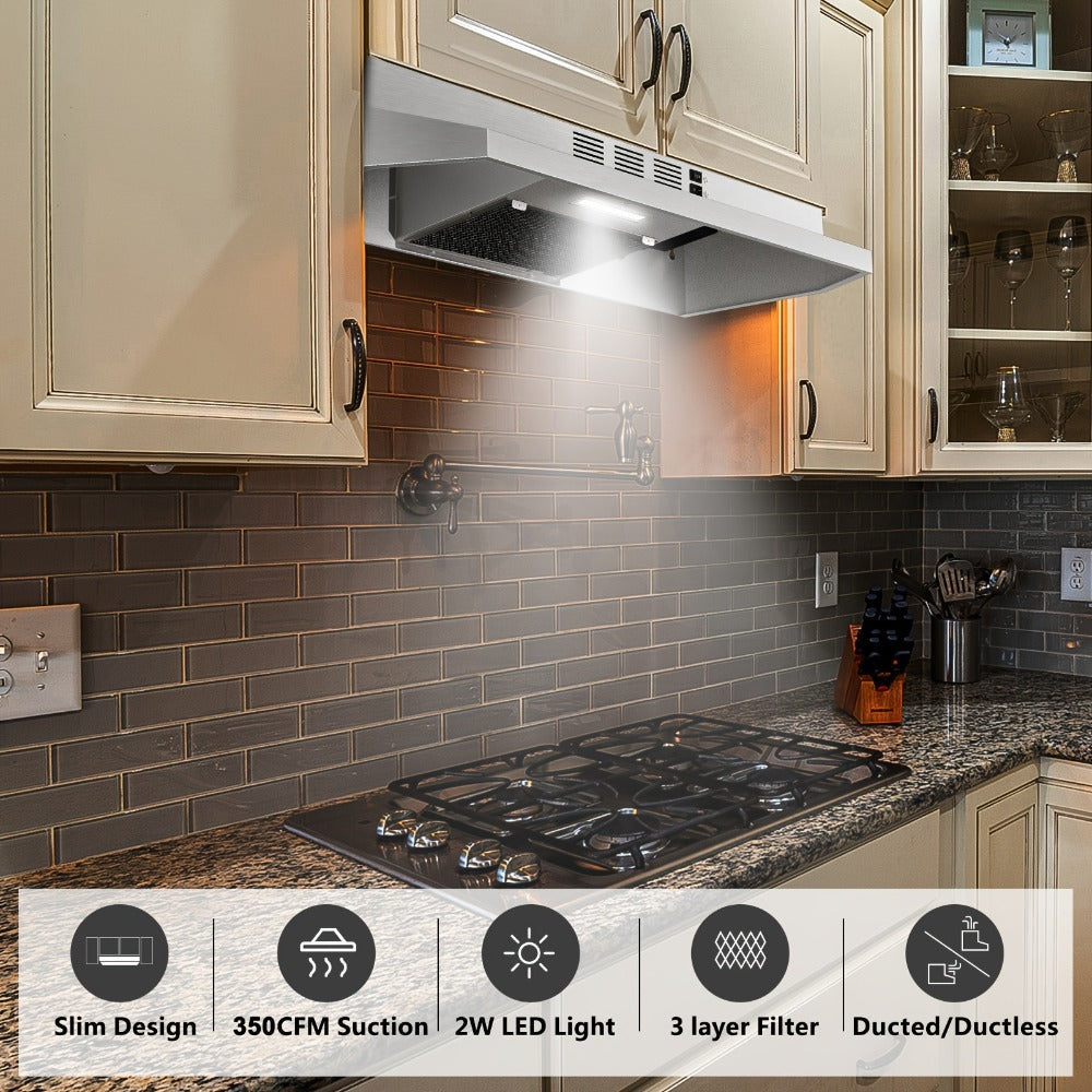 Range Hood 30 Inch Under Cabinet | Ducted & Ductless Convertible Kitchen Vent Hood with LED Light & 2-Speed Exhaust Fan, Stainless Steel ¨C Black, White & Silver, Easy Install