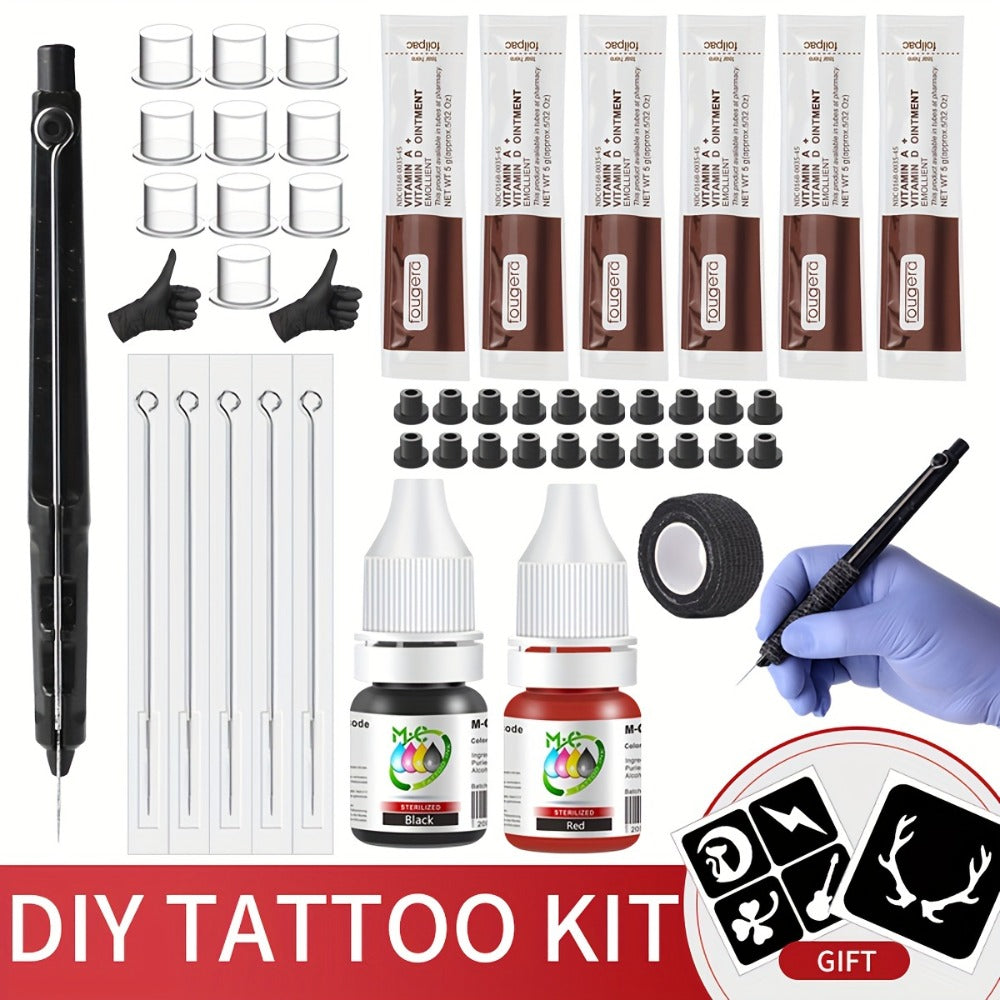 Hand Poke Tattoo Kit Complete 3D Body Art Stick and Poke Pen Set with Ink Needles and Guide for Beginners to Experts Professional DIY Tattoo Supplies Safe Home Use