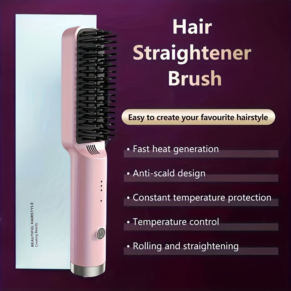 Mini Hair Straightener Comb Ceramic Heating Plate 3 Temperature Settings Fast Heating LED Display Travel Hair Straightening Brush for Women Home Salon Gift