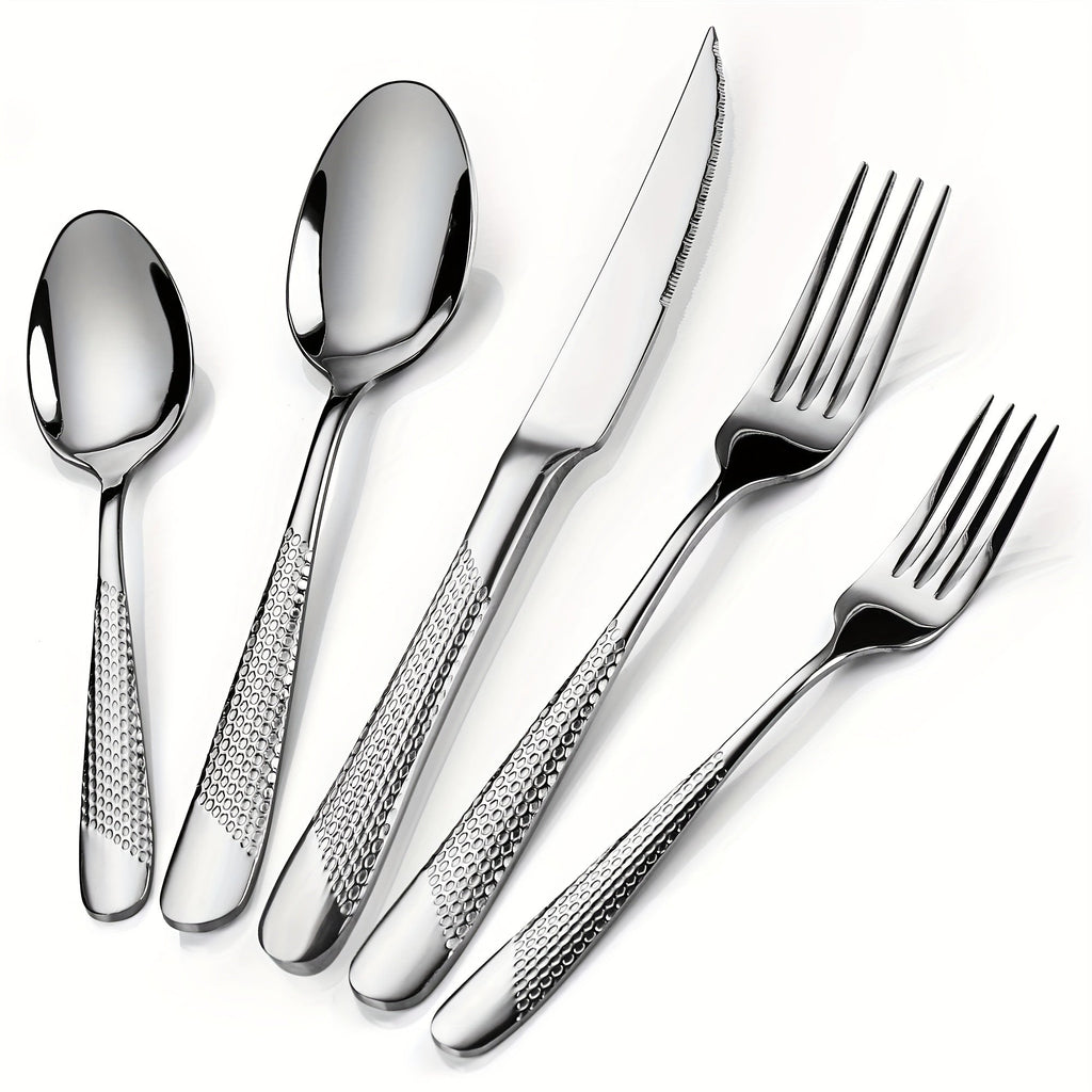 Stainless Steel Flatware Set 40/48 Piece ¨C 304 Silverware Set for 8 Hammered Mirror Polished Rose Gold Cutlery with 2-in-1 Serrated Knife Dishwasher Safe Modern Utensils for Home Restaurant Wedding