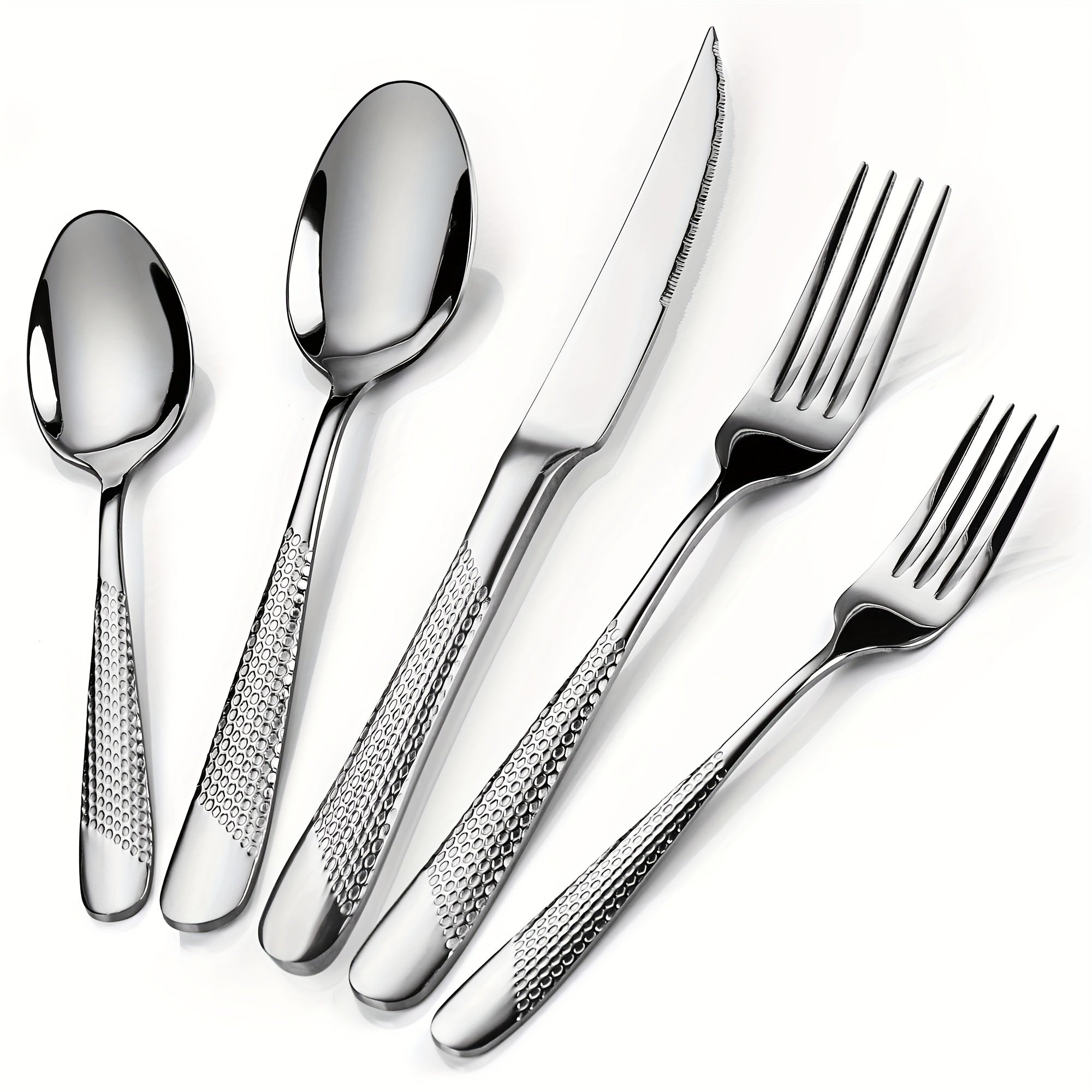 Stainless Steel Flatware Set 40/48 Piece ¨C 304 Silverware Set for 8 Hammered Mirror Polished Rose Gold Cutlery with 2-in-1 Serrated Knife Dishwasher Safe Modern Utensils for Home Restaurant Wedding