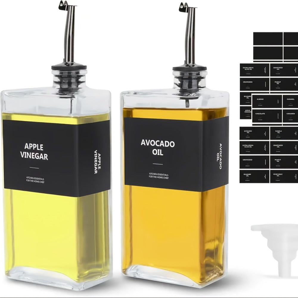 Glass Oil Dispenser Bottle 350ml - Olive Oil Vinegar Soy Sauce Coffee Syrup Dispenser for Kitchen, Rectangular Stable Design, Set of 2 or 4, Gold Silver Black White