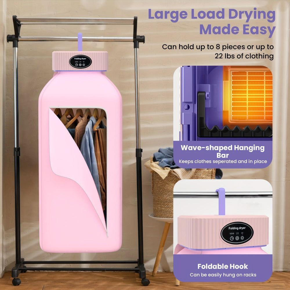 Portable Clothes Dryer with LED UV Light Foldable Compact Quiet Fast Drying Machine with Timer Easy Setup for Apartments Travel RV Small Spaces Pink Khaki Purple