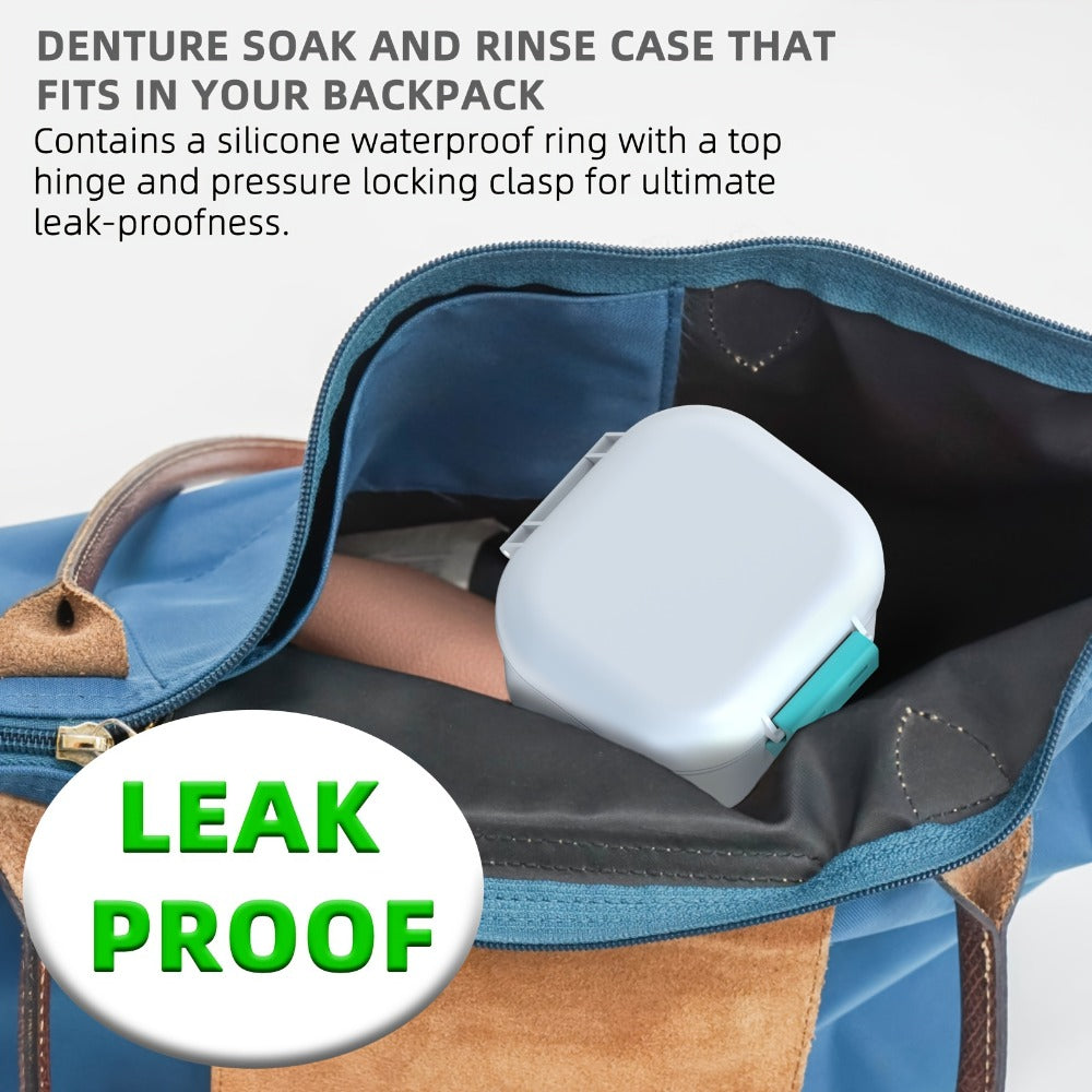 Denture Bath Case Leak-Proof with Drainage Basket Silicone Ring Safety Buckle Portable Travel Denture Cleaner Soaking Cup Storage Container for Home Travel