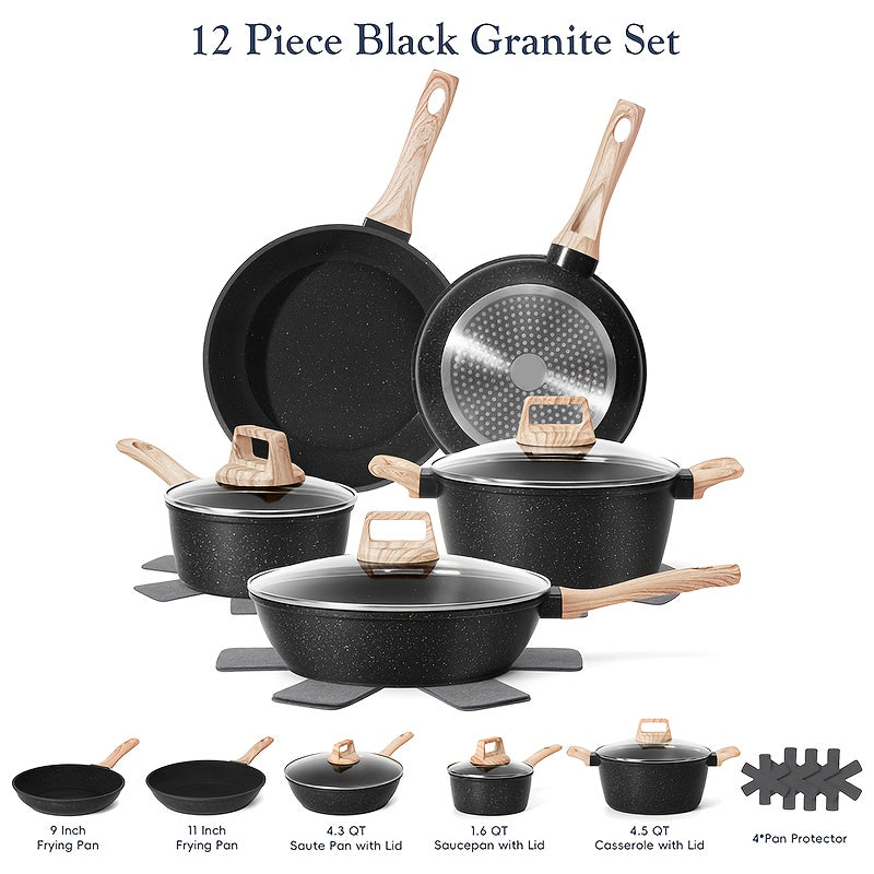 Cookware Set 12 Piece Pots and Pans Set Non-Stick Granite Coating with Frying Pans Casserole Saucepan Glass Lids Pan Protectors Compatible with All Stovetops Including Induction