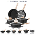 Cookware Set 12 Piece Pots and Pans Set Non-Stick Granite Coating with Frying Pans Casserole Saucepan Glass Lids Pan Protectors Compatible with All Stovetops Including Induction