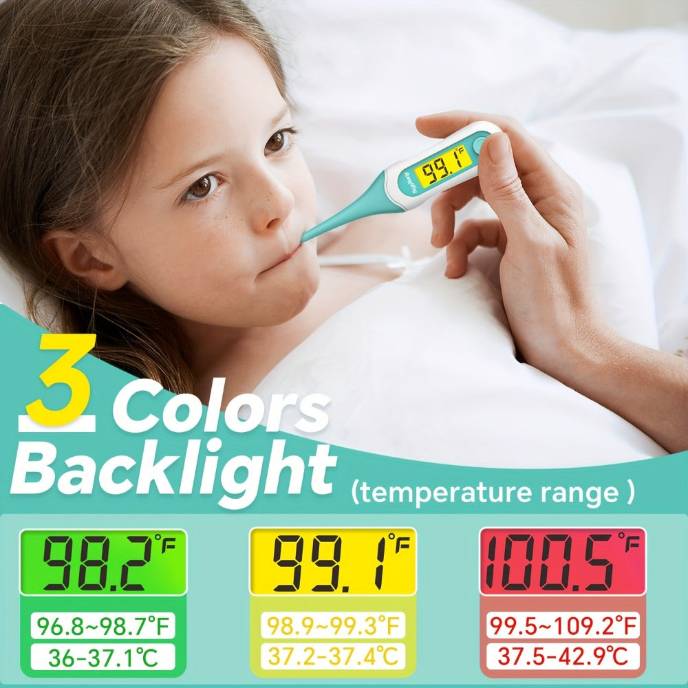 Digital Oral Thermometer for Adults & Kids ¨C 8-Second Fast Read, Bendable Tip, 3-Color Fever Backlight, 32 Memory Records, Rectal Use for Infants, Celsius/Fahrenheit Conversion